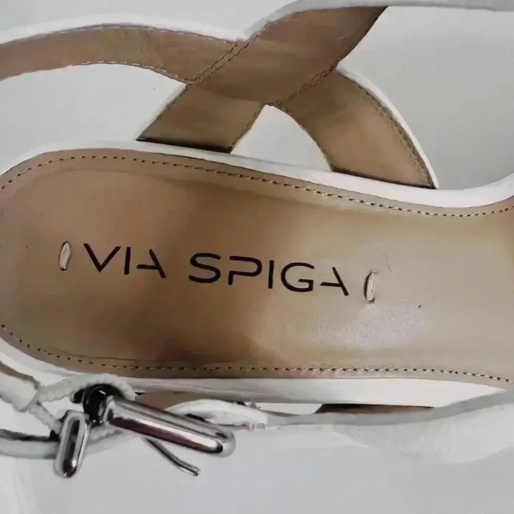 Via Spiga White Leather Wedges Woven Sandal Heels Women's Size 8